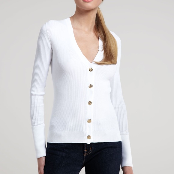 Tory Burch White Ribbed Cardigan Wgold 
